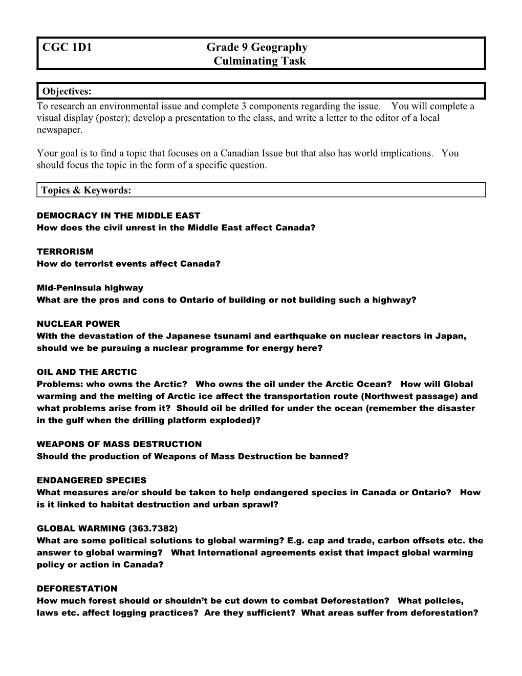 Geography Culminating Task Sheet: From Topic To Question To Research