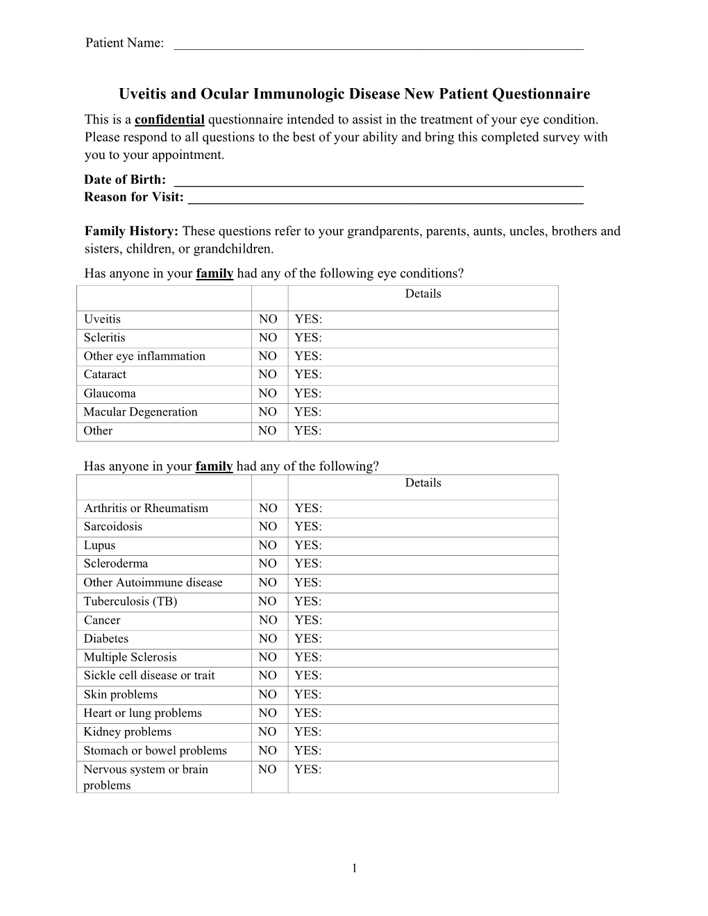 Uveitis and Ocular Immunologic Disease New Patient Questionnaire This Is a Confidential Questionnaire Intended to Assist in the Treatment of Your Eye Condition