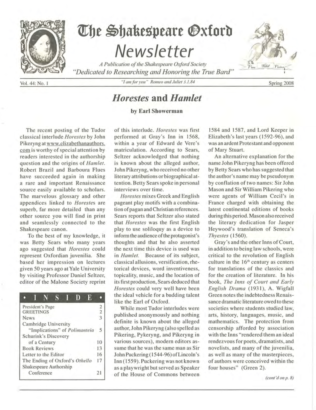 Newsletter a Publication of the Shakespeare Oxford Society 