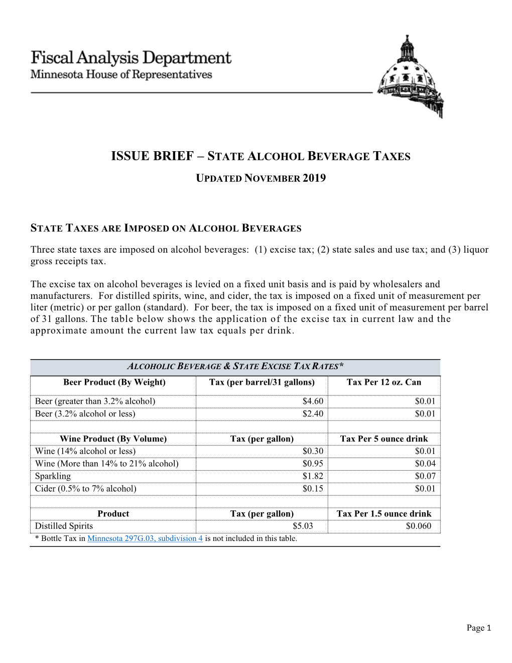 Issue Brief – State Alcohol Beverage Taxes