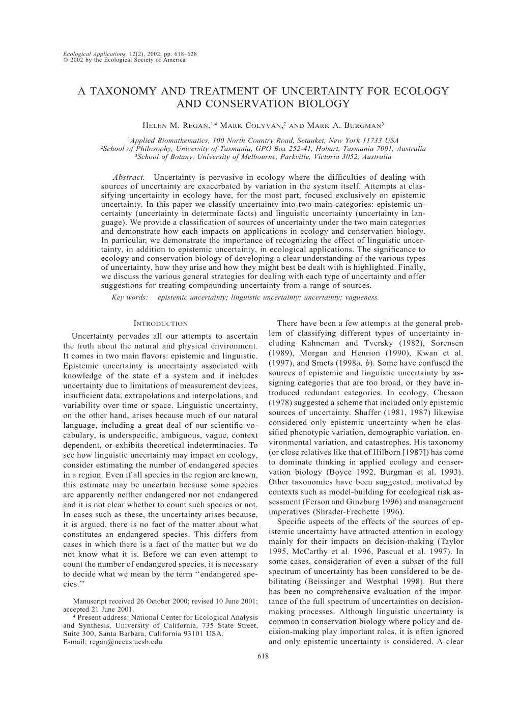 A Taxonomy and Treatment of Uncertainty for Ecology and Conservation Biology