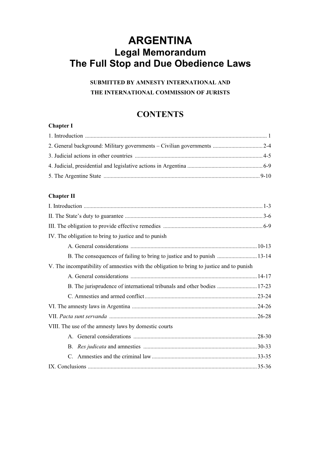 ARGENTINA Legal Memorandum the Full Stop and Due Obedience Laws