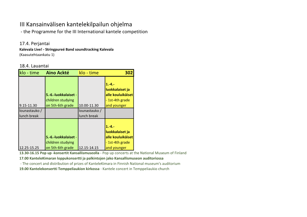 III Kansainvälisen Kantelekilpailun Ohjelma - the Programme for the III International Kantele Competition