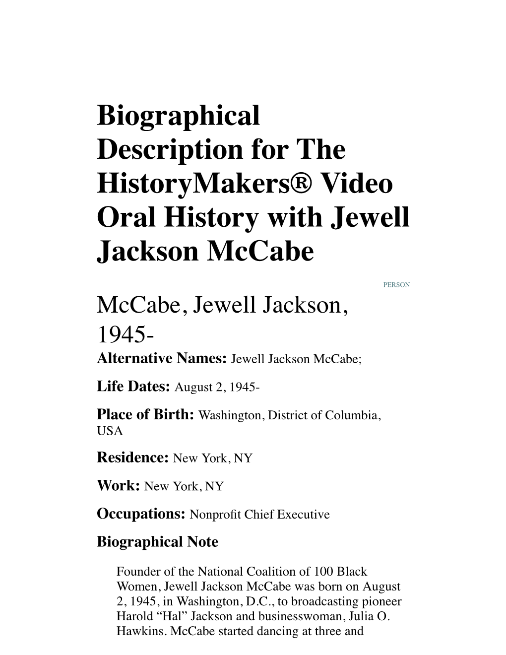 Biographical Description for the Historymakers® Video Oral History with Jewell Jackson Mccabe