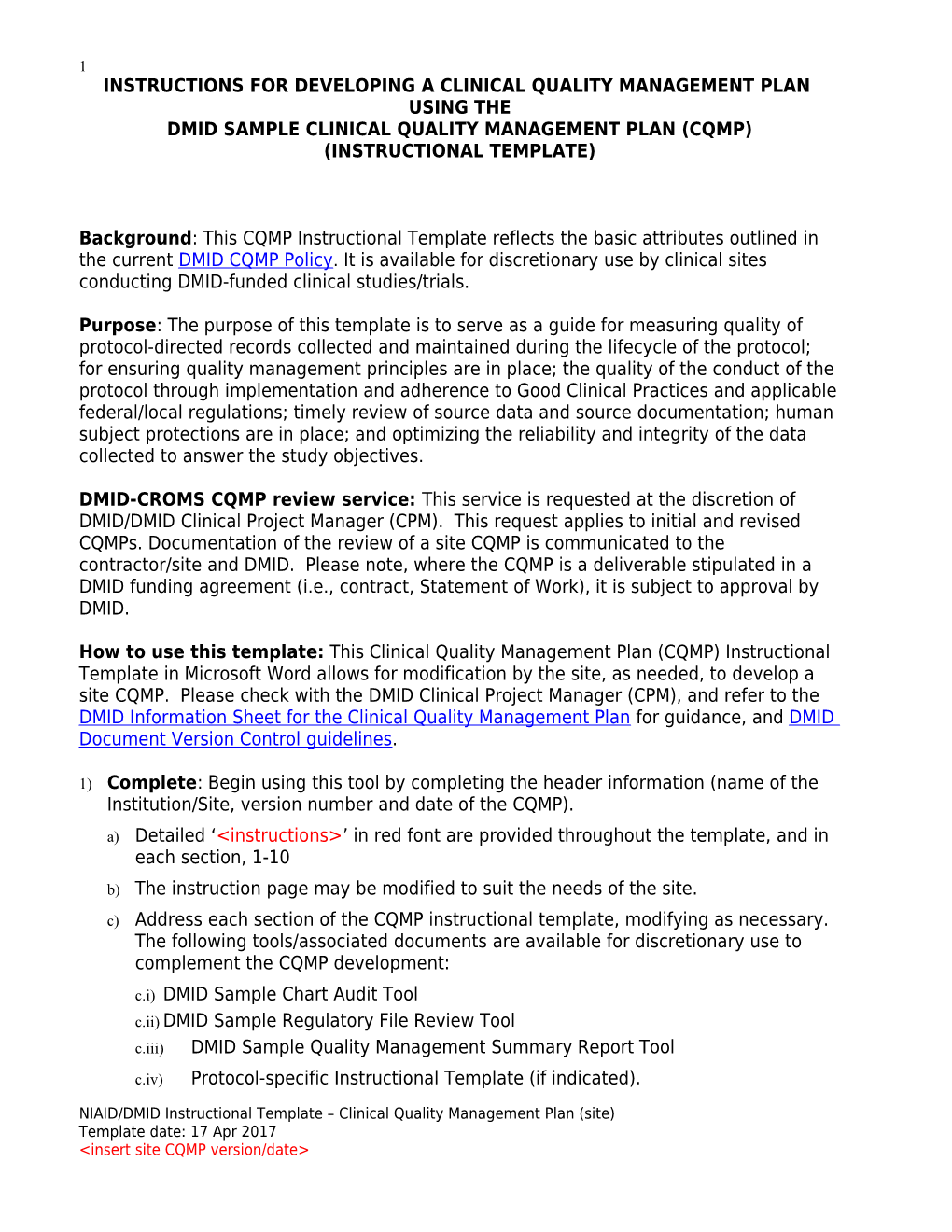 DMID Site Clinical Quality Management Plan (Instructional Template)