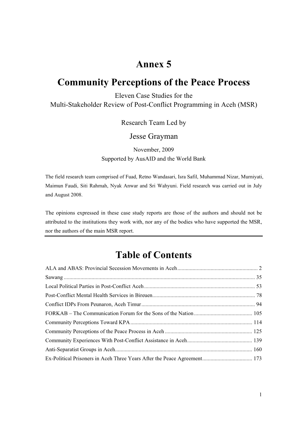 Annex 5 Community Perceptions of the Peace Process Table of Contents