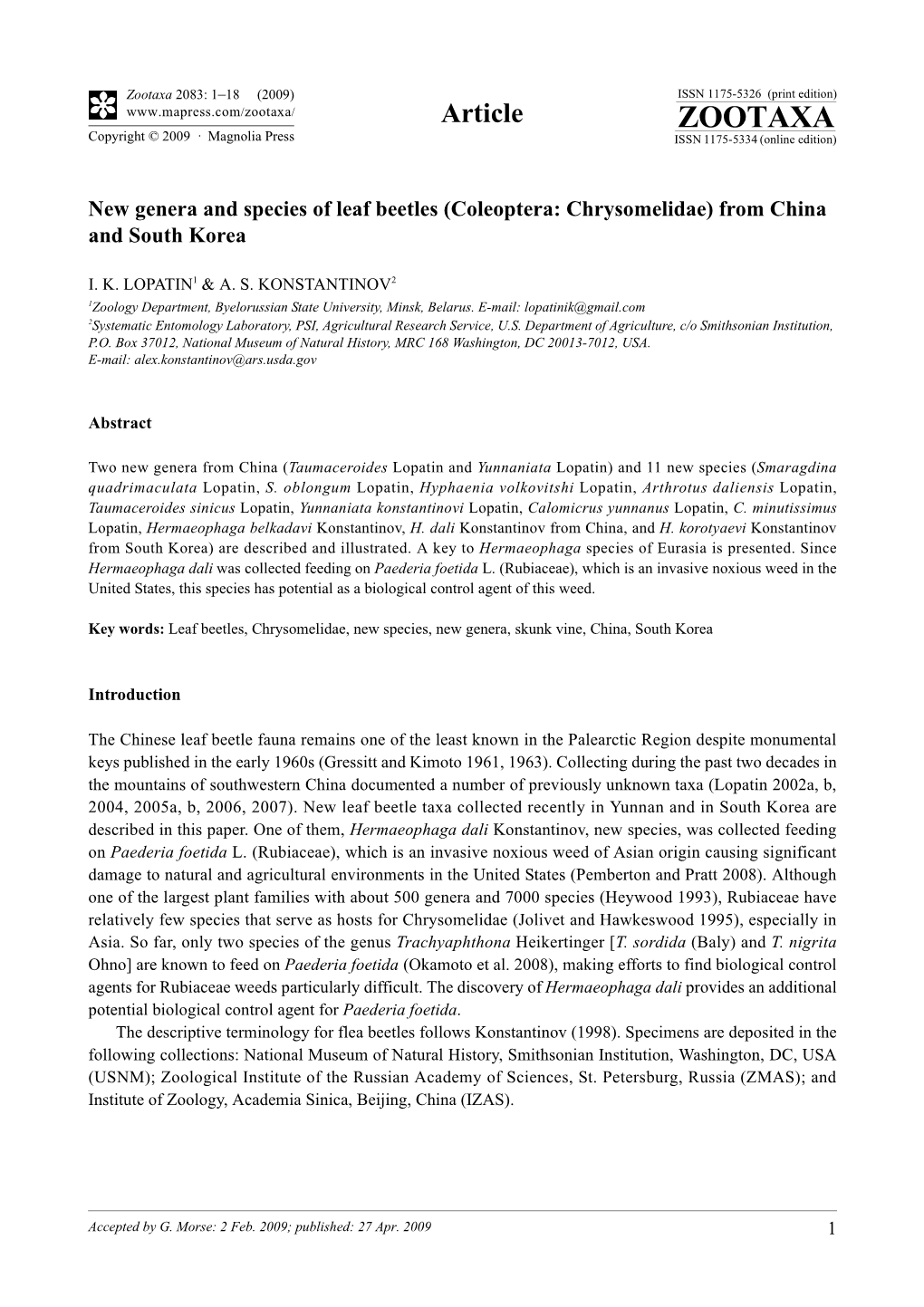 Zootaxa, New Genera and Species of Leaf Beetles