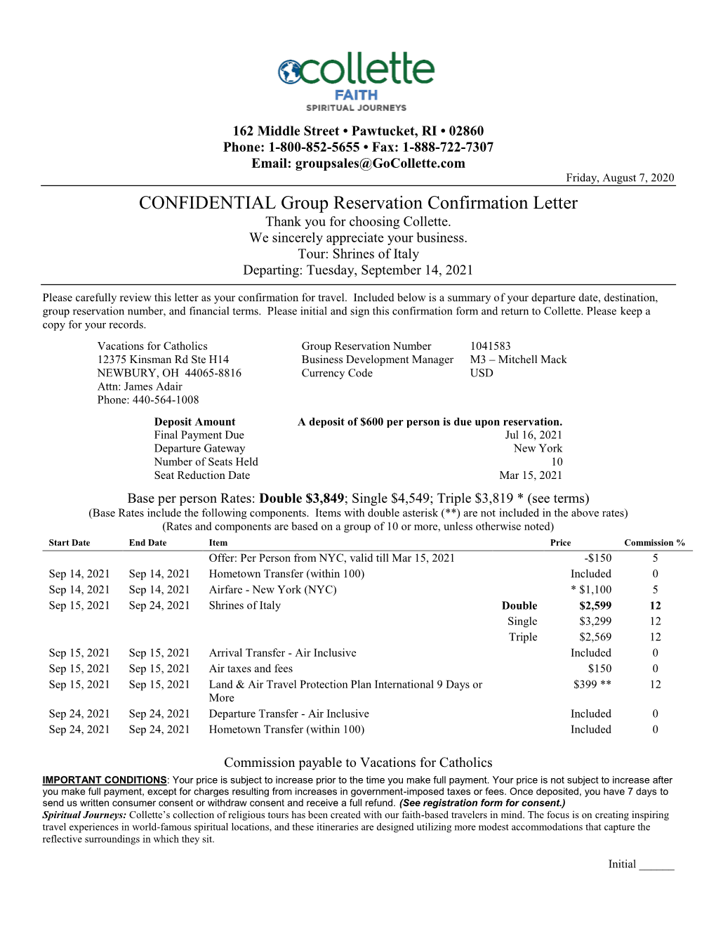 CONFIDENTIAL Group Reservation Confirmation Letter Thank You for Choosing Collette