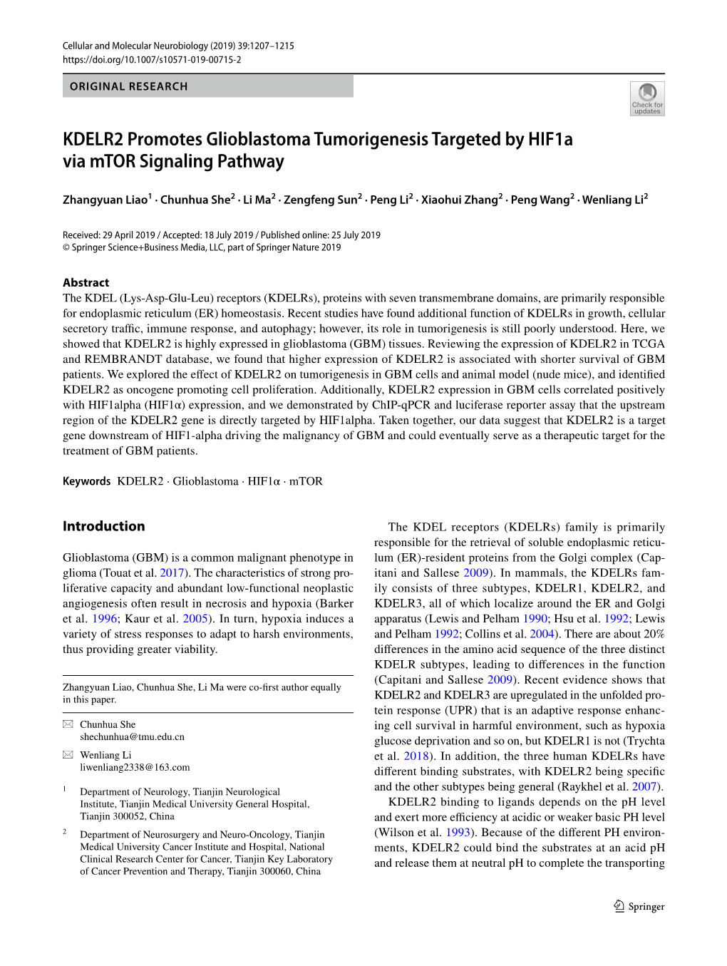 KDELR2 Promotes Glioblastoma Tumorigenesis Targeted by Hif1a Via Mtor Signaling Pathway