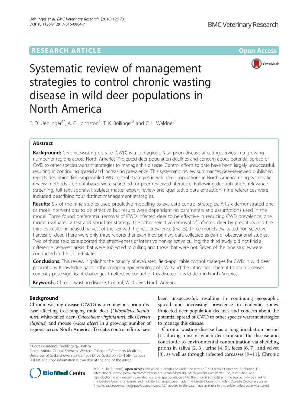 Systematic Review of Management Strategies to Control Chronic Wasting Disease in Wild Deer Populations in North America F