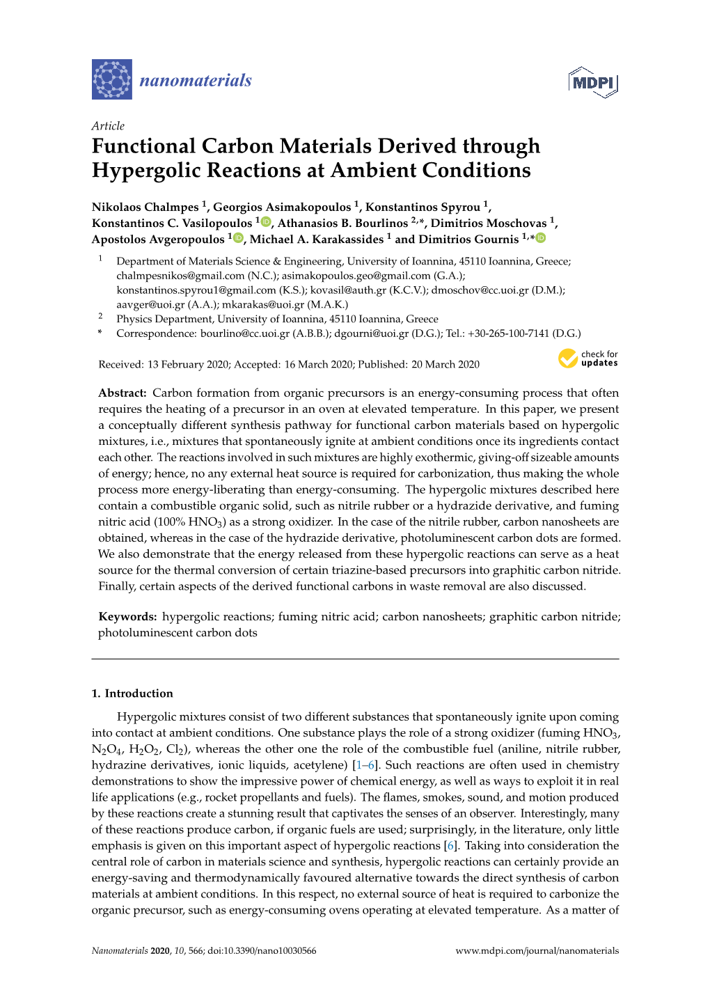 Functional Carbon Materials Derived Through Hypergolic Reactions at Ambient Conditions