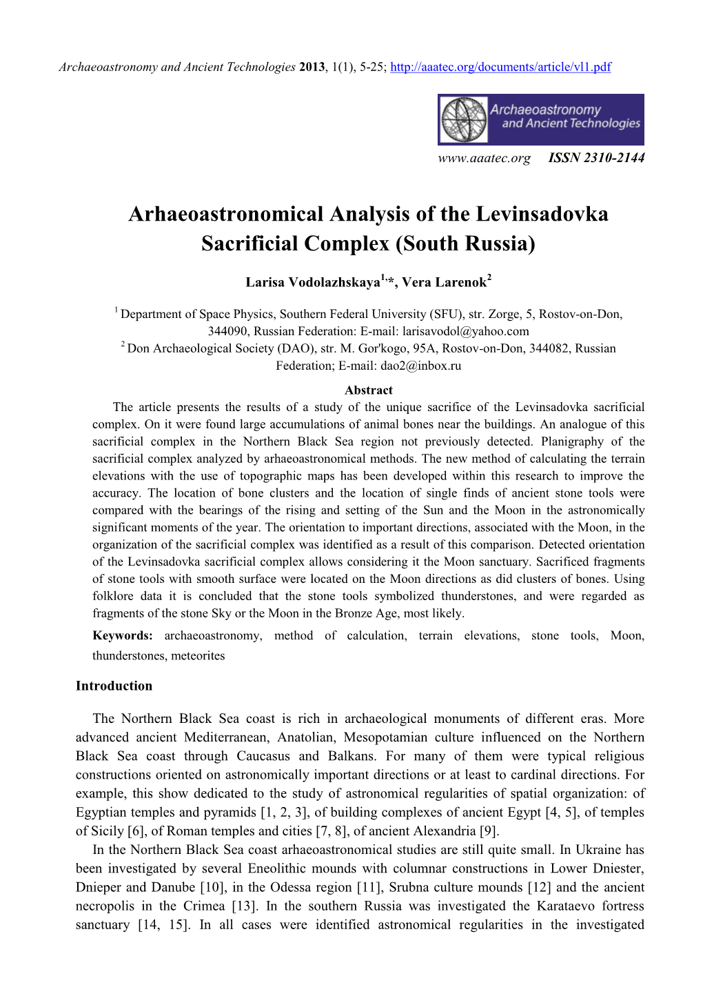 Arhaeoastronomical Analysis of the Levinsadovka Sacrificial Complex (South Russia)