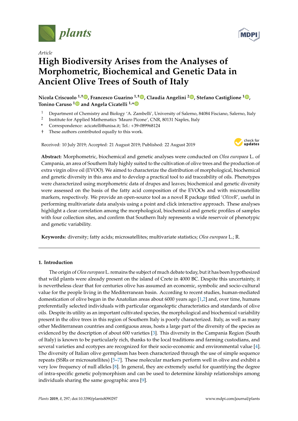 High Biodiversity Arises from the Analyses of Morphometric, Biochemical and Genetic Data in Ancient Olive Trees of South of Italy