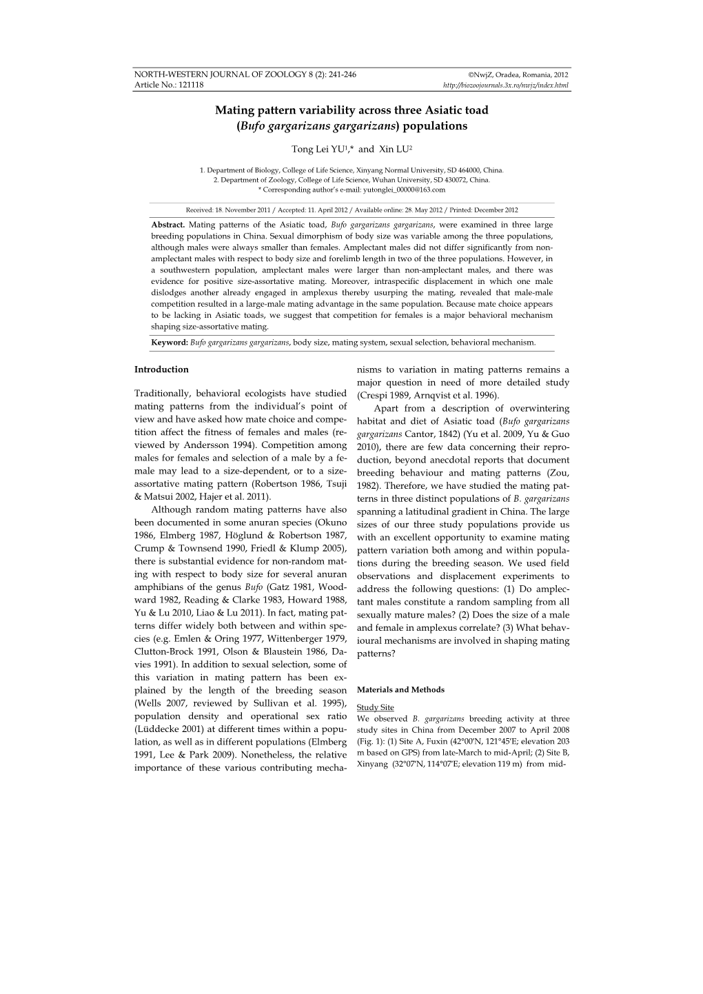 Mating Pattern Variability Across Three Asiatic Toad (Bufo Gargarizans Gargarizans) Populations