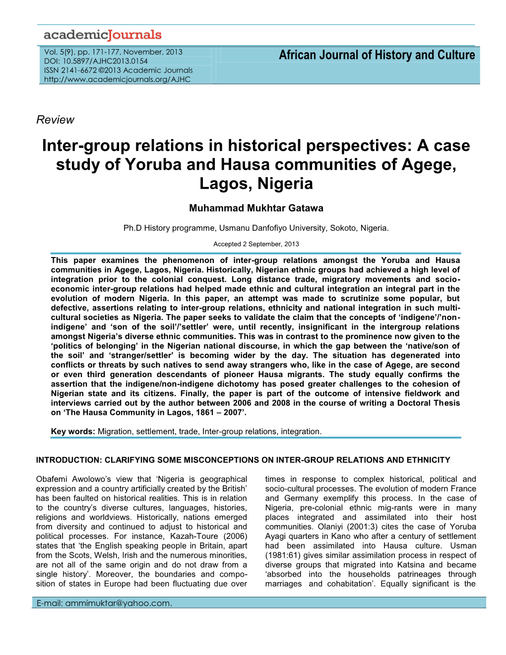 A Case Study of Yoruba and Hausa Communities of Agege, Lagos, Nigeria
