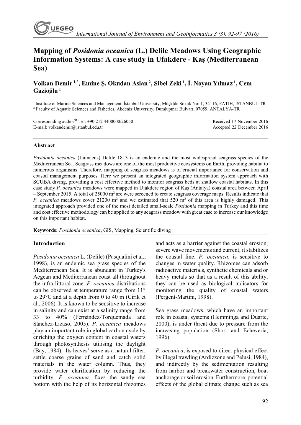 Mapping of Posidonia Oceanica (L.) Delile Meadows Using Geographic Information Systems: a Case Study in Ufakdere - Kaş (Mediterranean Sea)