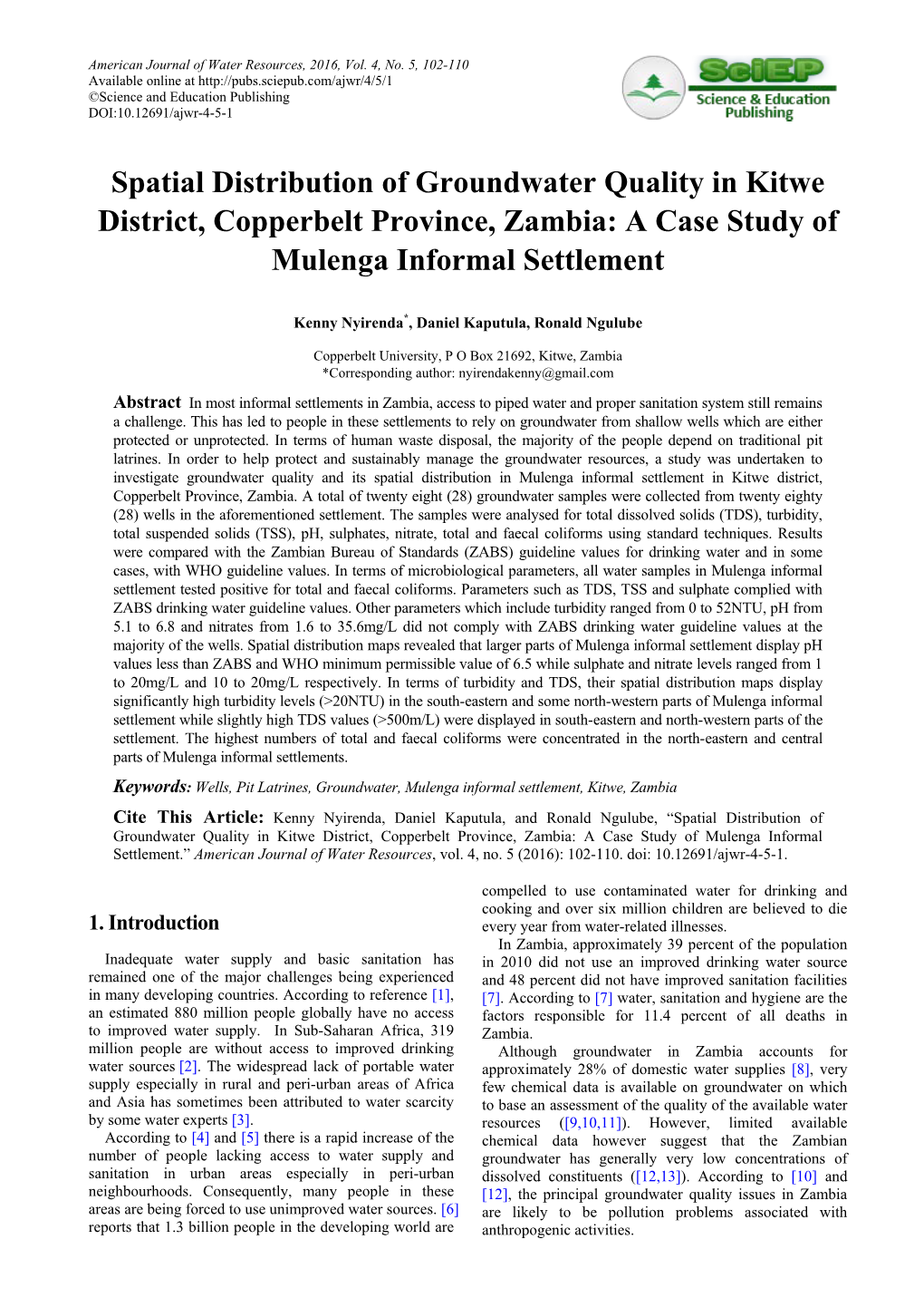 Spatial Distribution of Groundwater Quality in Kitwe District, Copperbelt Province, Zambia: a Case Study of Mulenga Informal Settlement