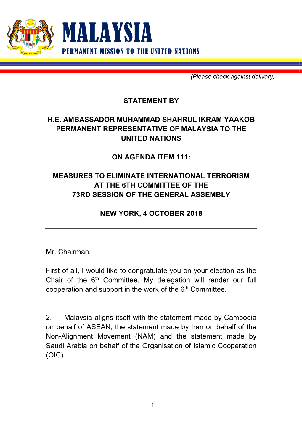 Malaysia Statement -- International Terrorism