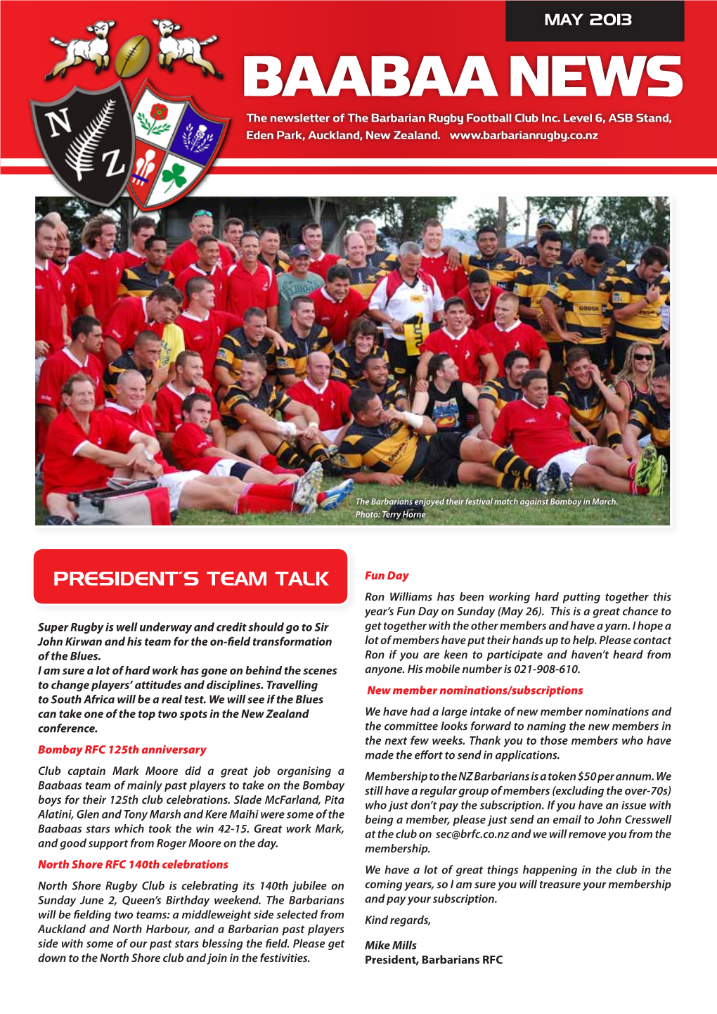 BAABAA NEWS the Newsletter of the Barbarian Rugby Football Club Inc