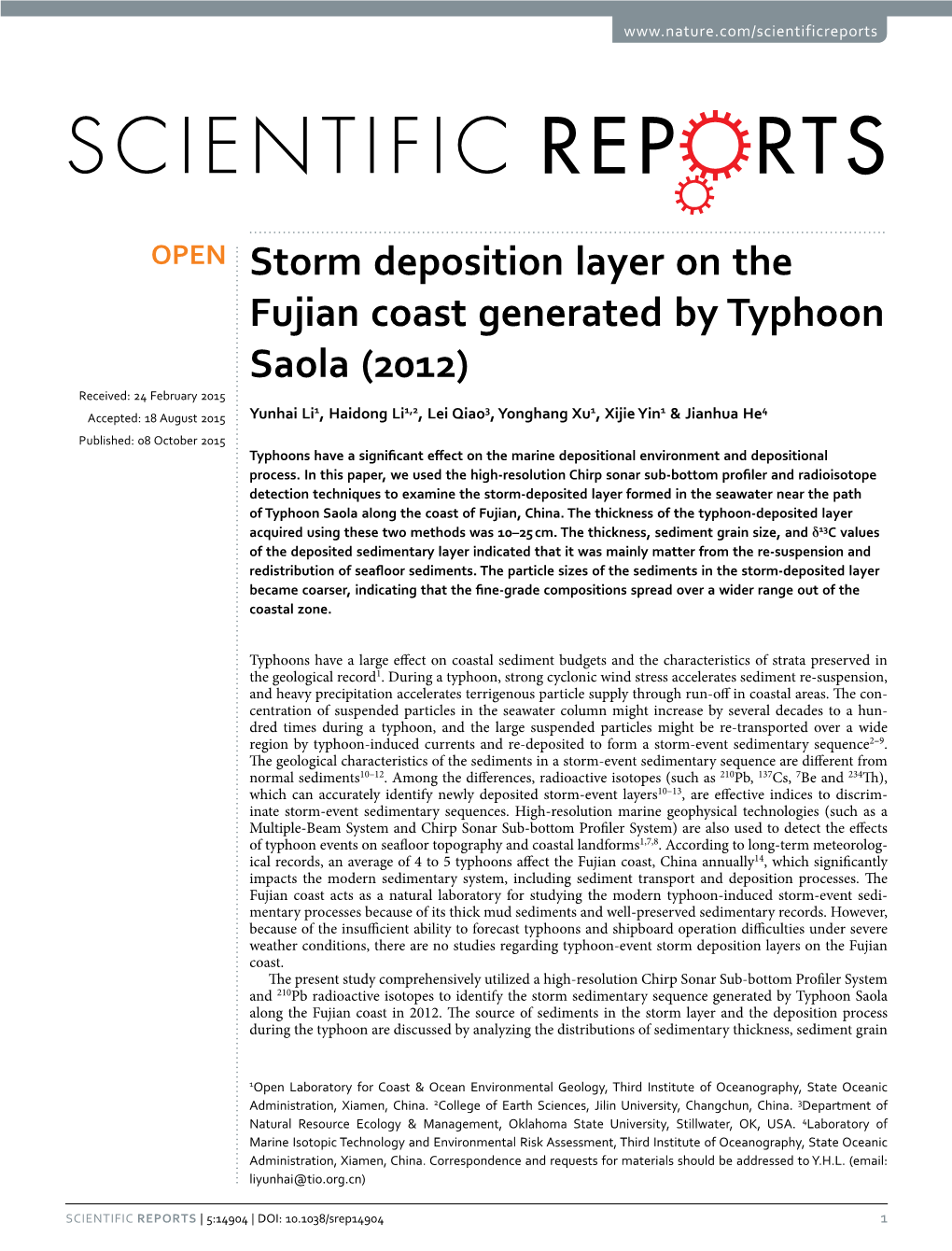 Storm Deposition Layer on the Fujian Coast Generated by Typhoon Saola