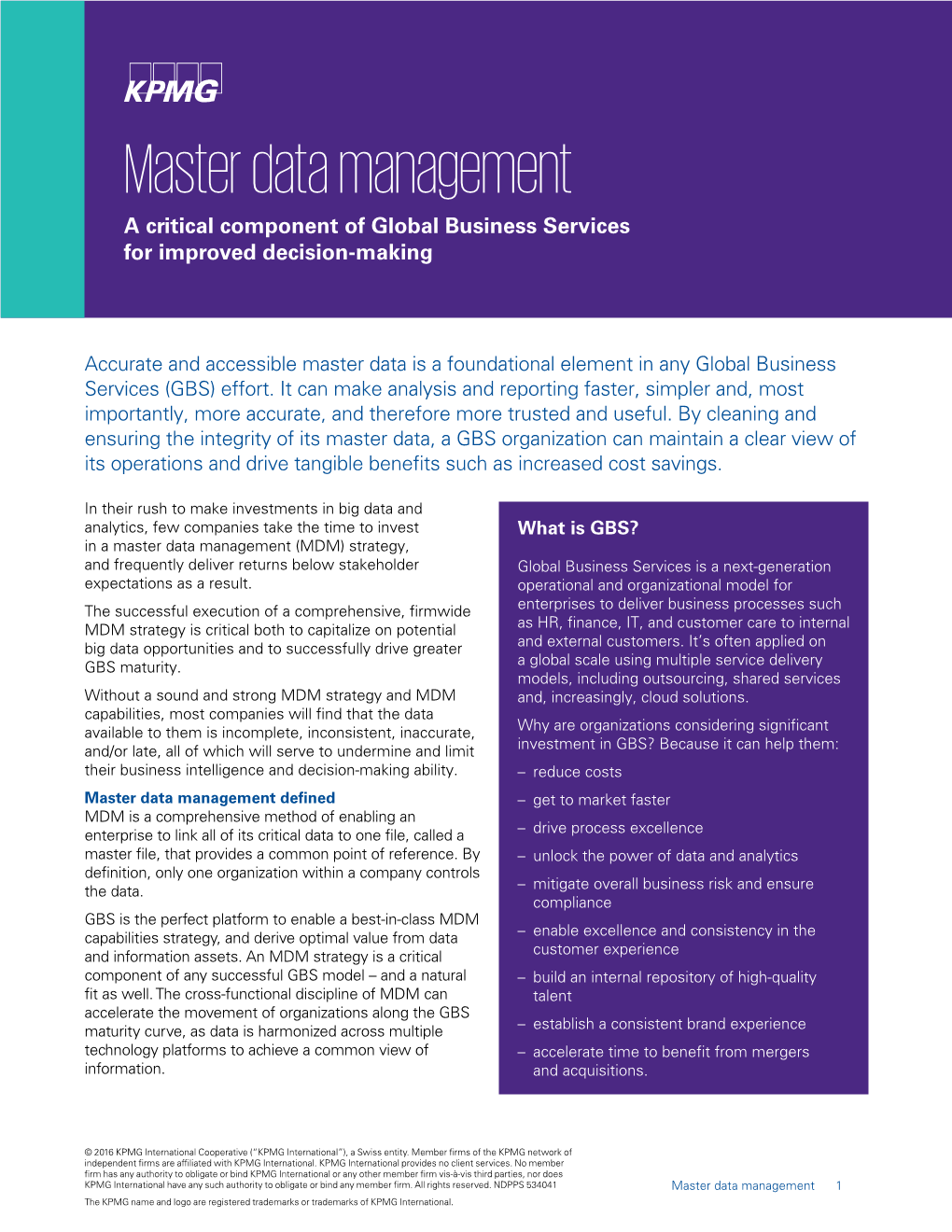 Master Data Management a Critical Component of Global Business Services for Improved Decision-Making