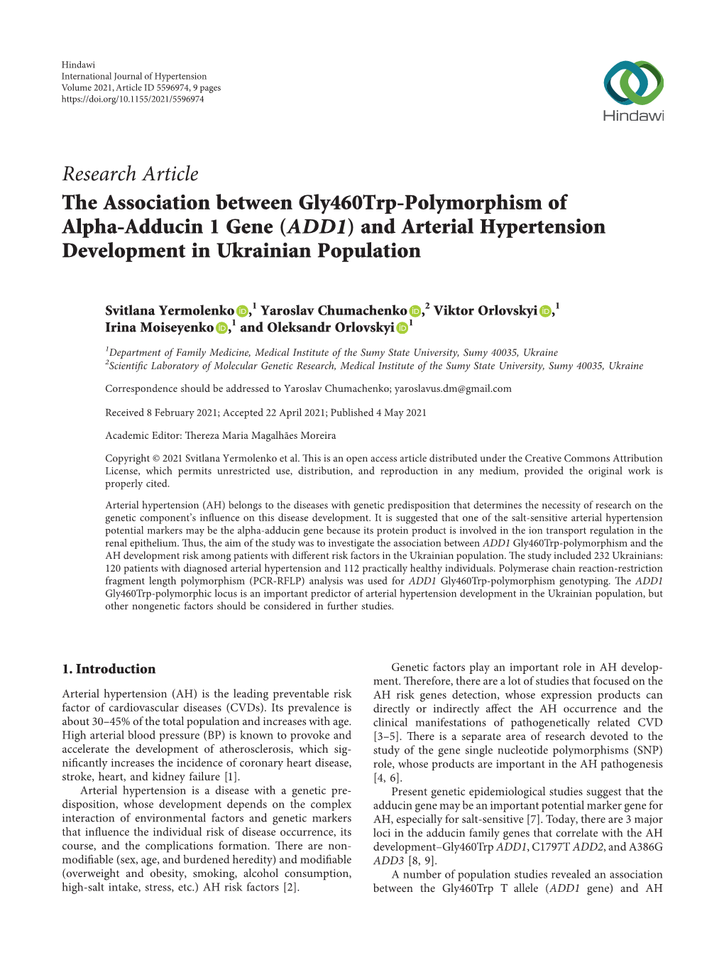 The Association Between Gly460trp-Polymorphism of Alpha-Adducin 1 Gene (ADD1) and Arterial Hypertension Development in Ukrainian Population