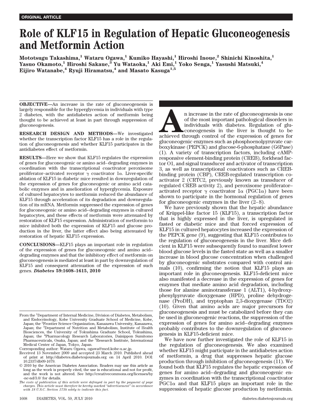 Role of KLF15 in Regulation of Hepatic Gluconeogenesis and Metformin Action