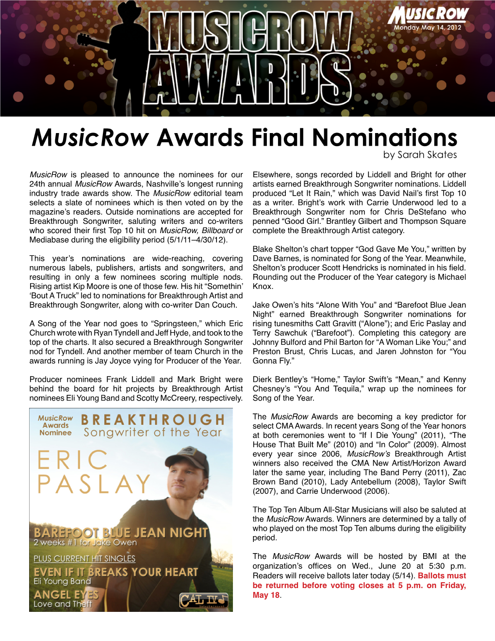 Musicrow Awards Final Nominations by Sarah Skates