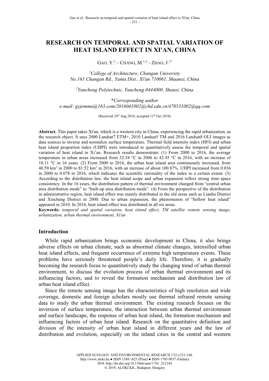 Research on Temporal and Spatial Variation of Heat Island Effect in Xi'an, China - 231