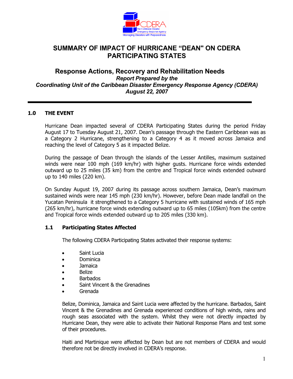 Summary of Impact of Hurricane “Dean" on Cdera Participating States