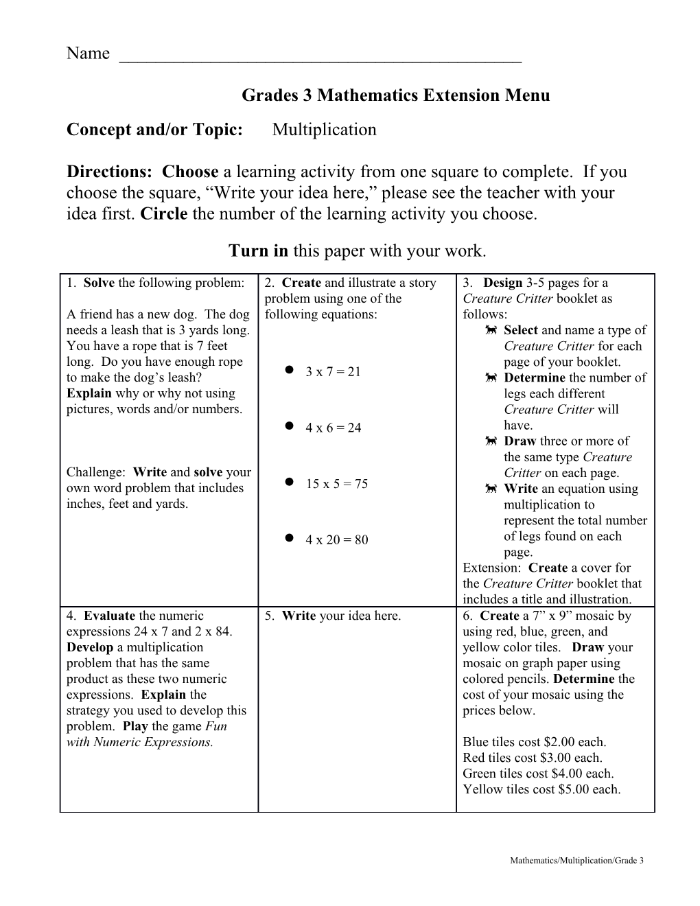 Grades 3 Mathematics Extension Menu