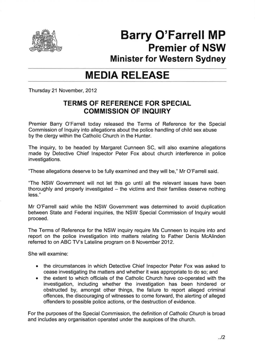 Barry O'farrell MP Premier of NSW Minister for Western Sydney MEDIA RELEASE