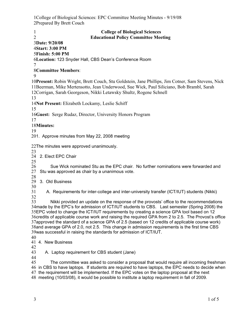 College of Biological Sciences: EPC Committee Meeting Minutes - 9/19/08