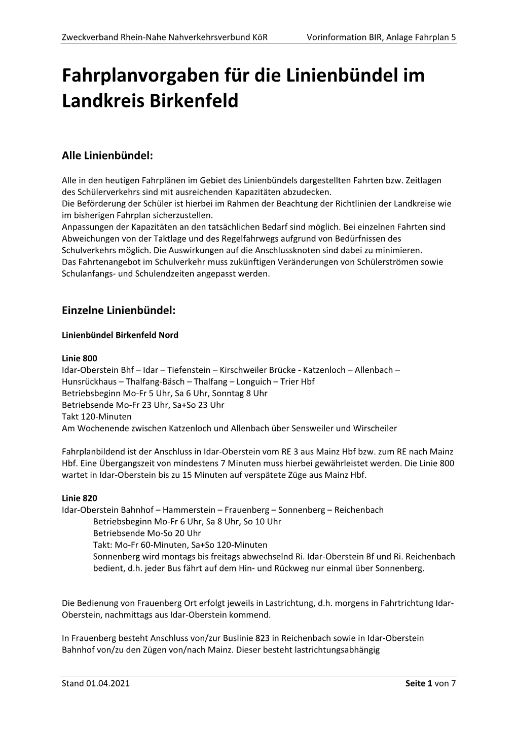 Fahrplan 5 Fahrplanvorgabe Für Die Linienbündel Im LK Birkenfeld