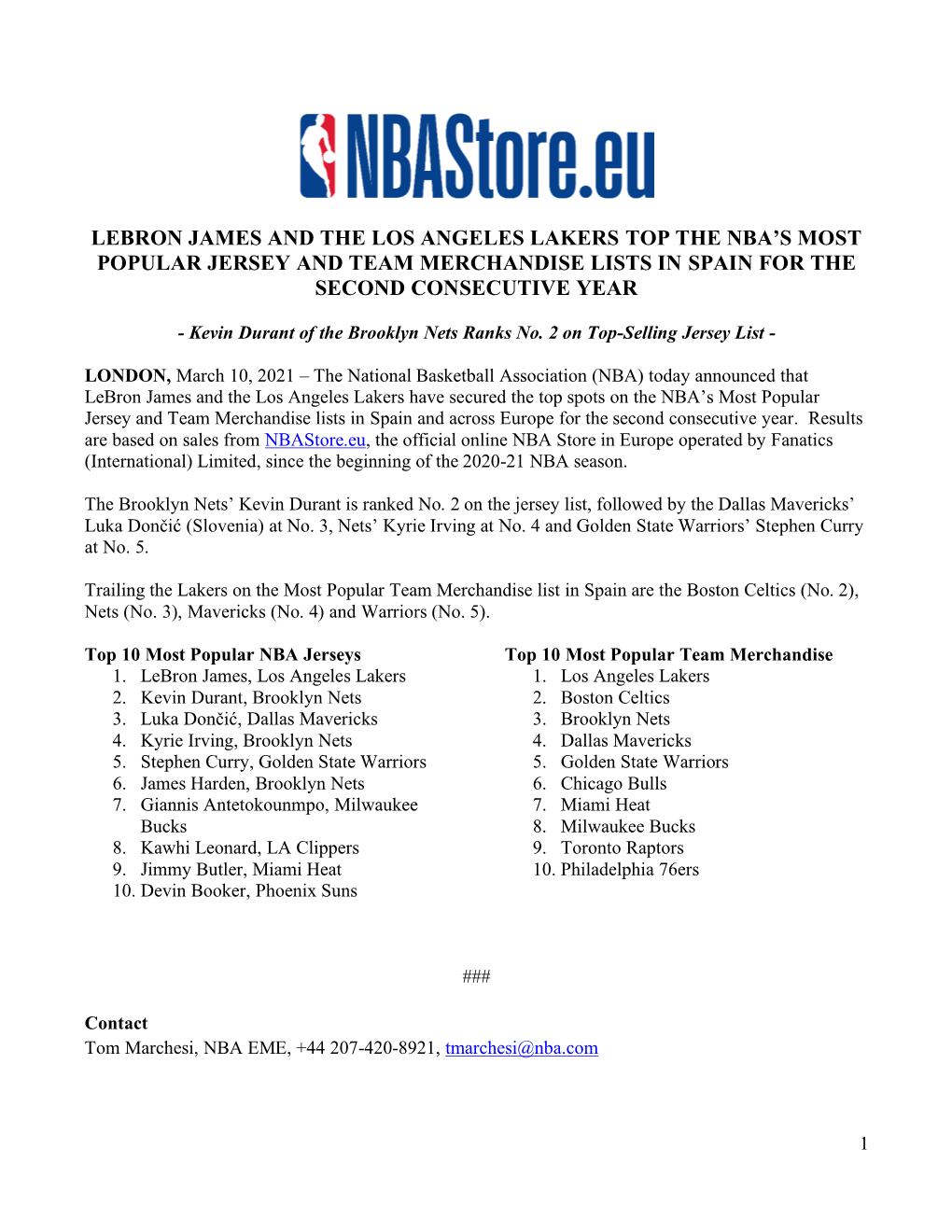 Lebron James and the Los Angeles Lakers Top the Nba's Most Popular Jersey and Team Merchandise Lists in Spain for the Second C