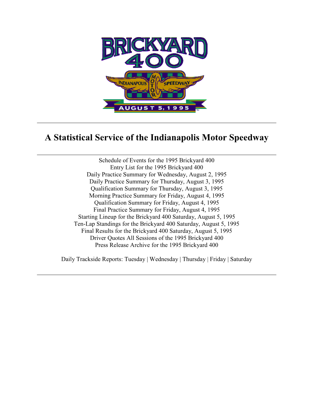 A Statistical Service of the Indianapolis Motor Speedway