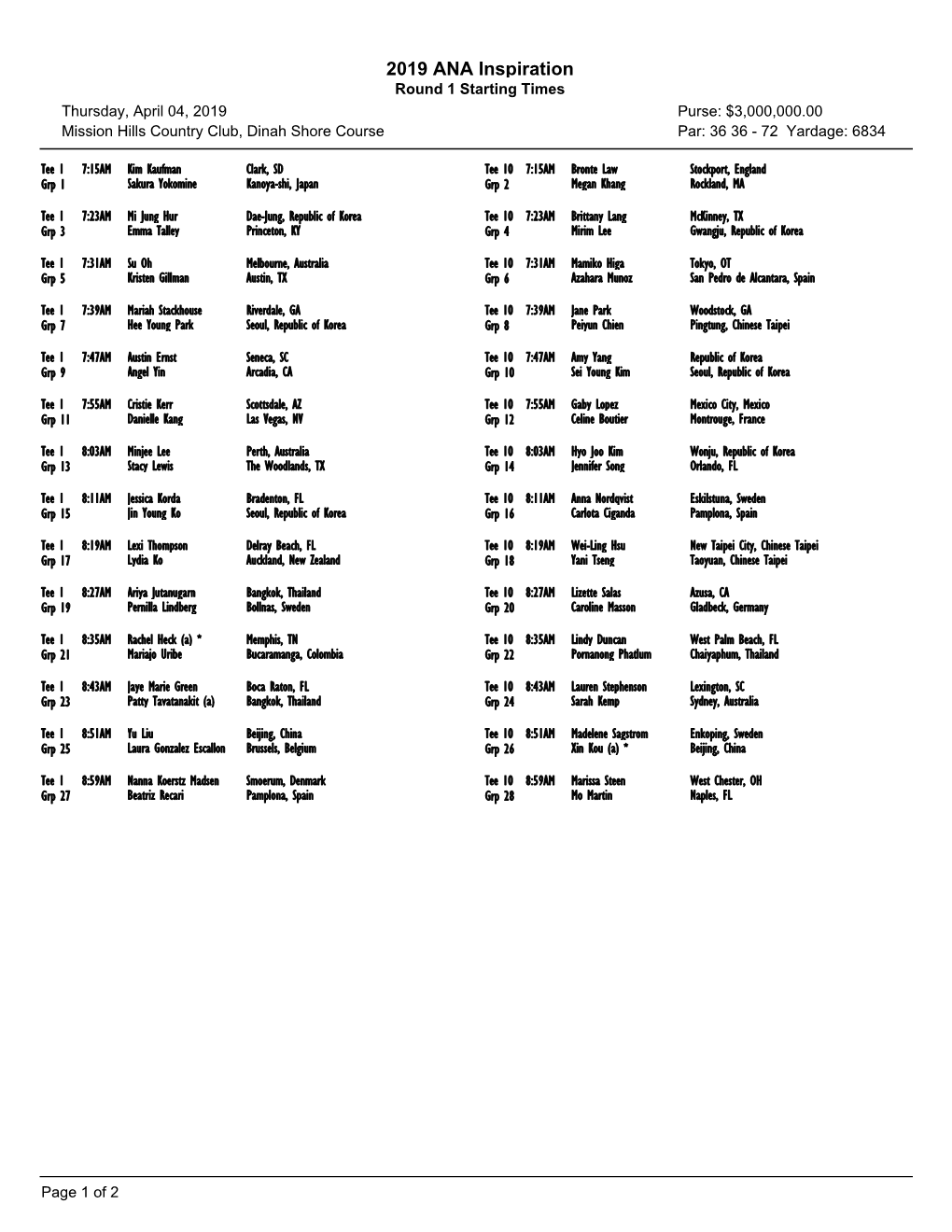 2019 ANA Inspiration Round 1 Starting Times Thursday, April 04, 2019 Purse: $3,000,000.00 Mission Hills Country Club, Dinah Shore Course Par: 36 36 - 72 Yardage: 6834