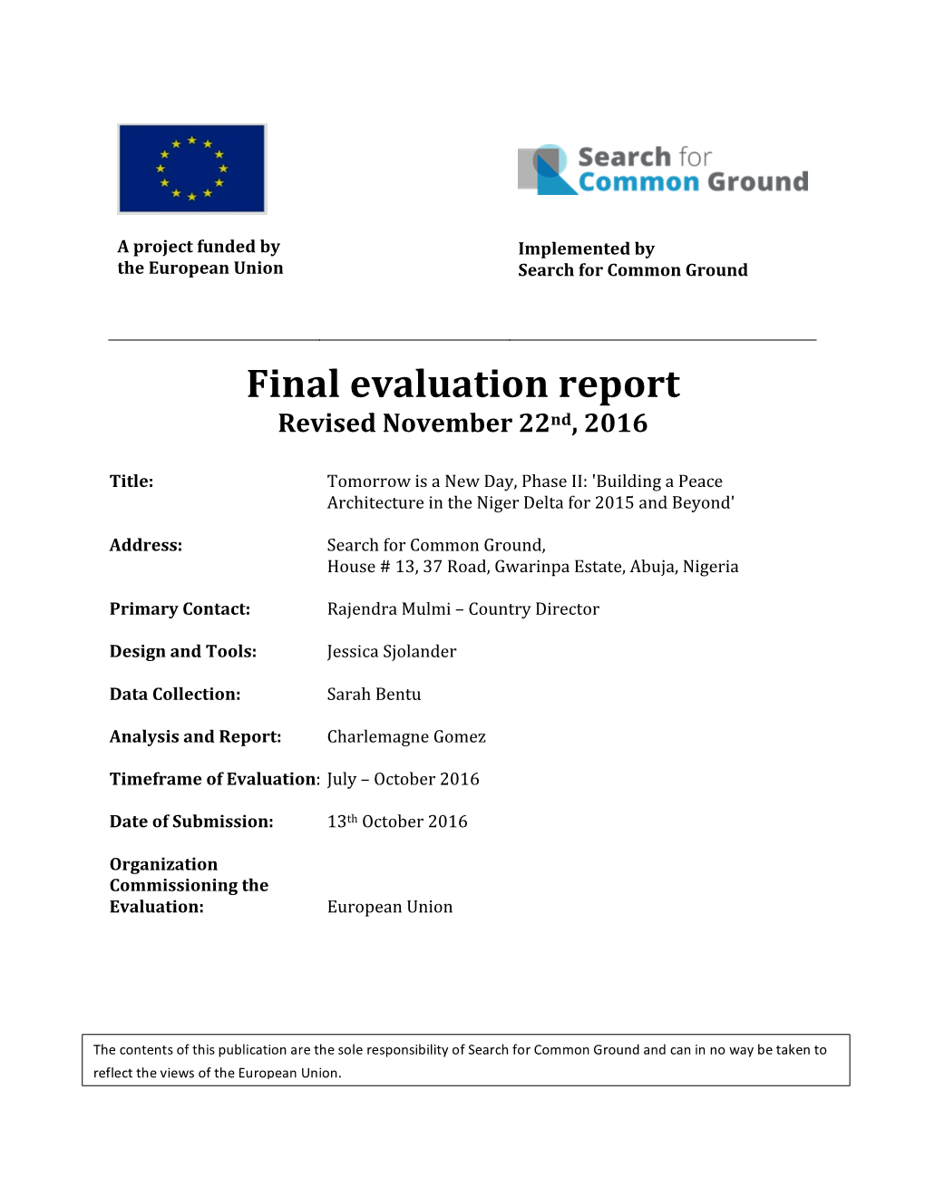 Final Evaluation Report Revised November 22Nd, 2016