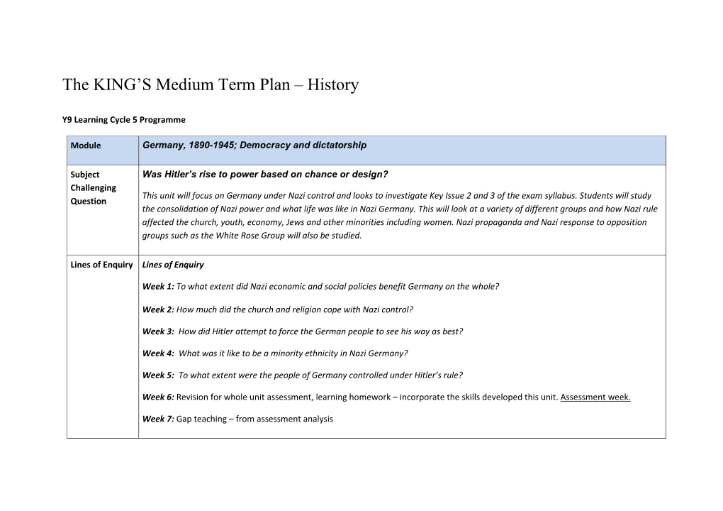 The KING's Medium Term Plan – History