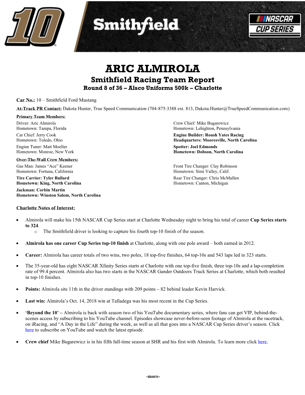 ARIC ALMIROLA Smithfield Racing Team Report Round 8 of 36 – Alsco Uniforms 500K – Charlotte