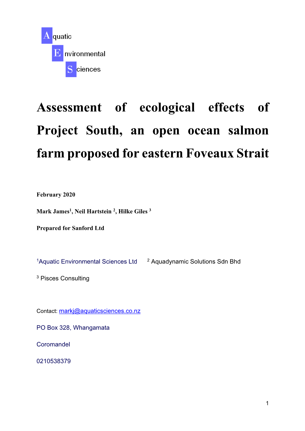 Ecological Effects of Project South, an Open Ocean Salmon Farm Proposed for Eastern Foveaux Strait