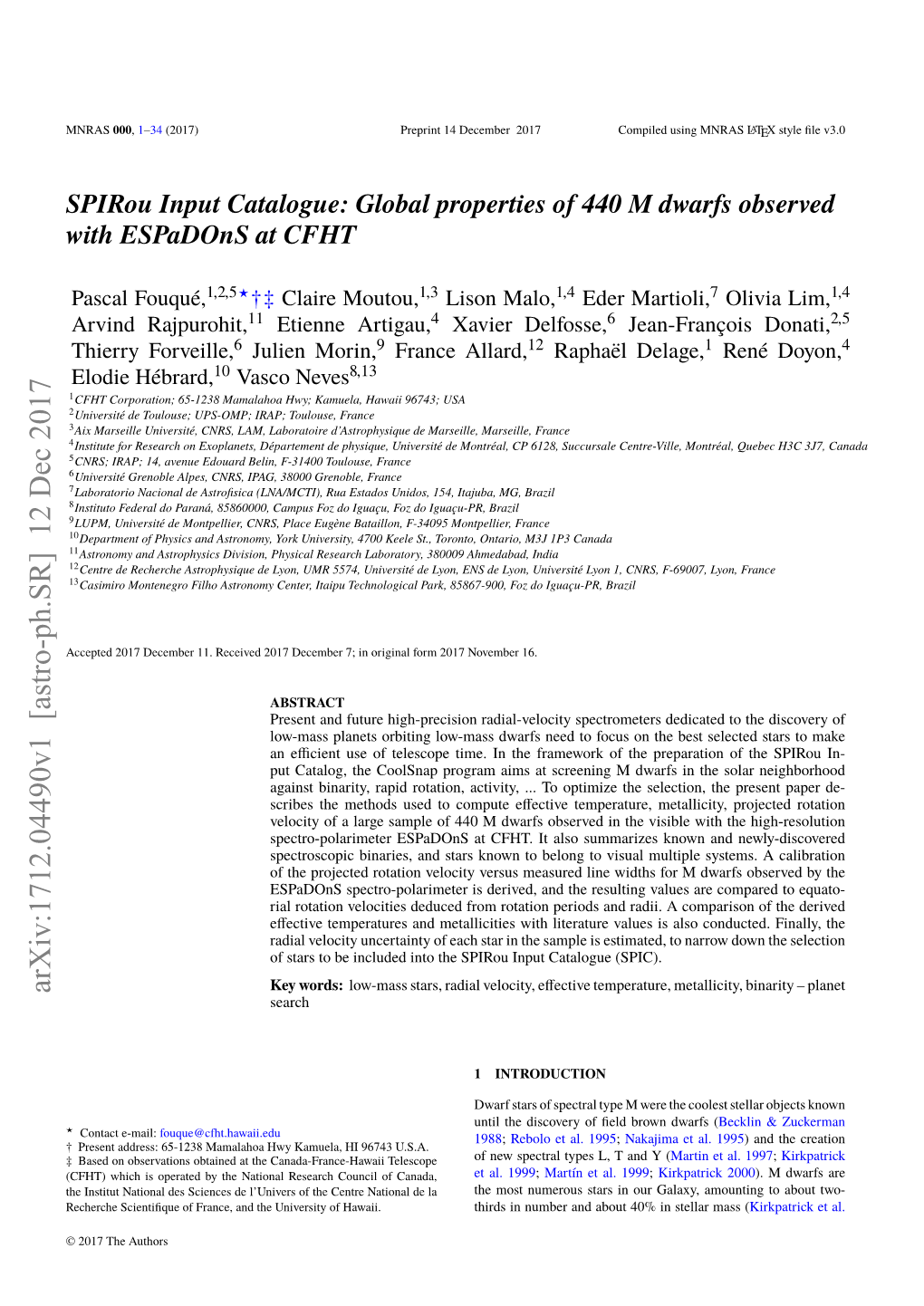 Spirou Input Catalogue: Global Properties of 440 M Dwarfs Observed with Espadons at CFHT