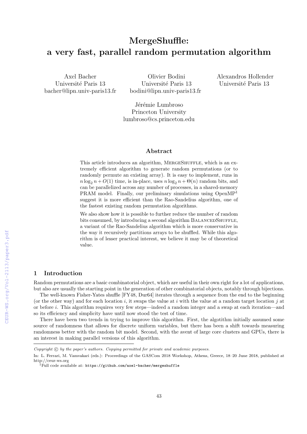 Mergeshuffle: a Very Fast, Parallel Random Permutation Algorithm