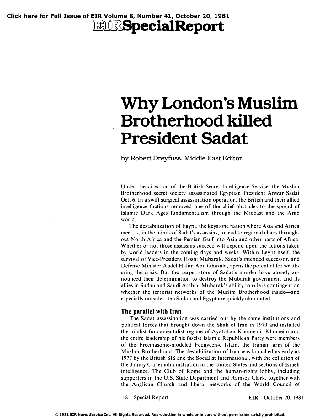 Why London's Muslim Brotherhood Killed President Sadat