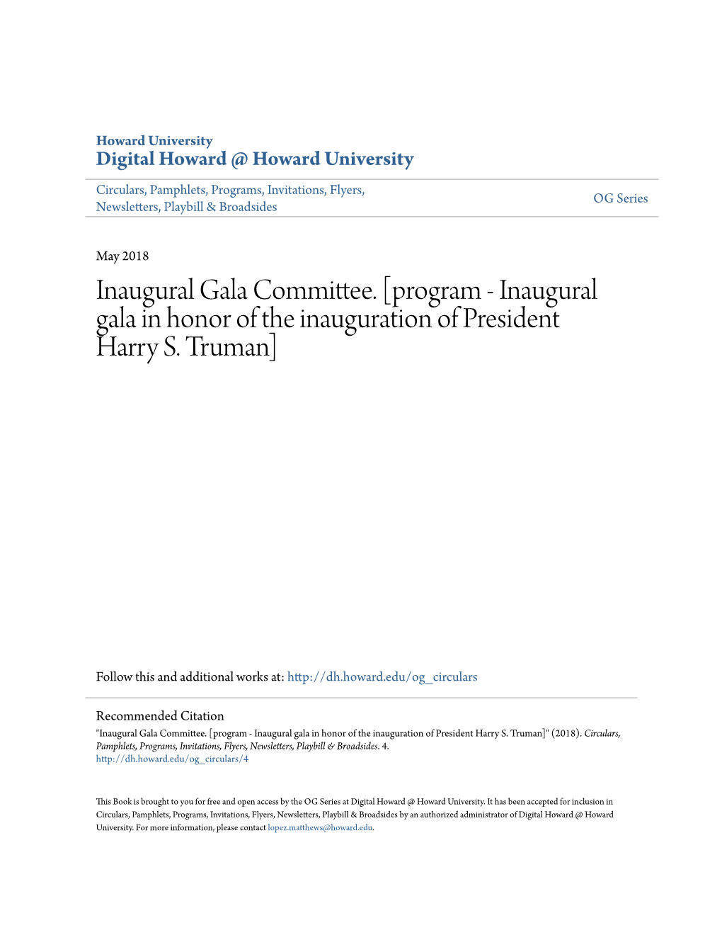 Inaugural Gala Committee. [Program - Inaugural Gala in Honor of the Inauguration of President Harry S