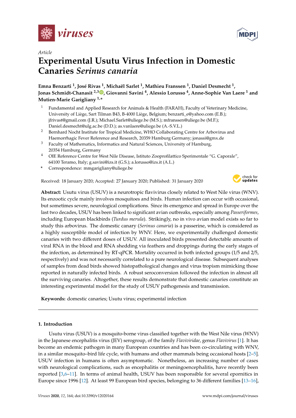 Experimental Usutu Virus Infection in Domestic Canaries Serinus Canaria