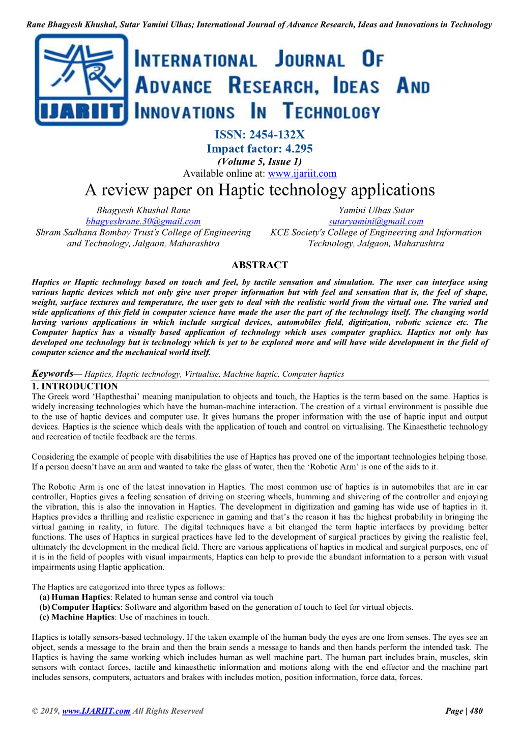 A Review Paper on Haptic Technology Applications