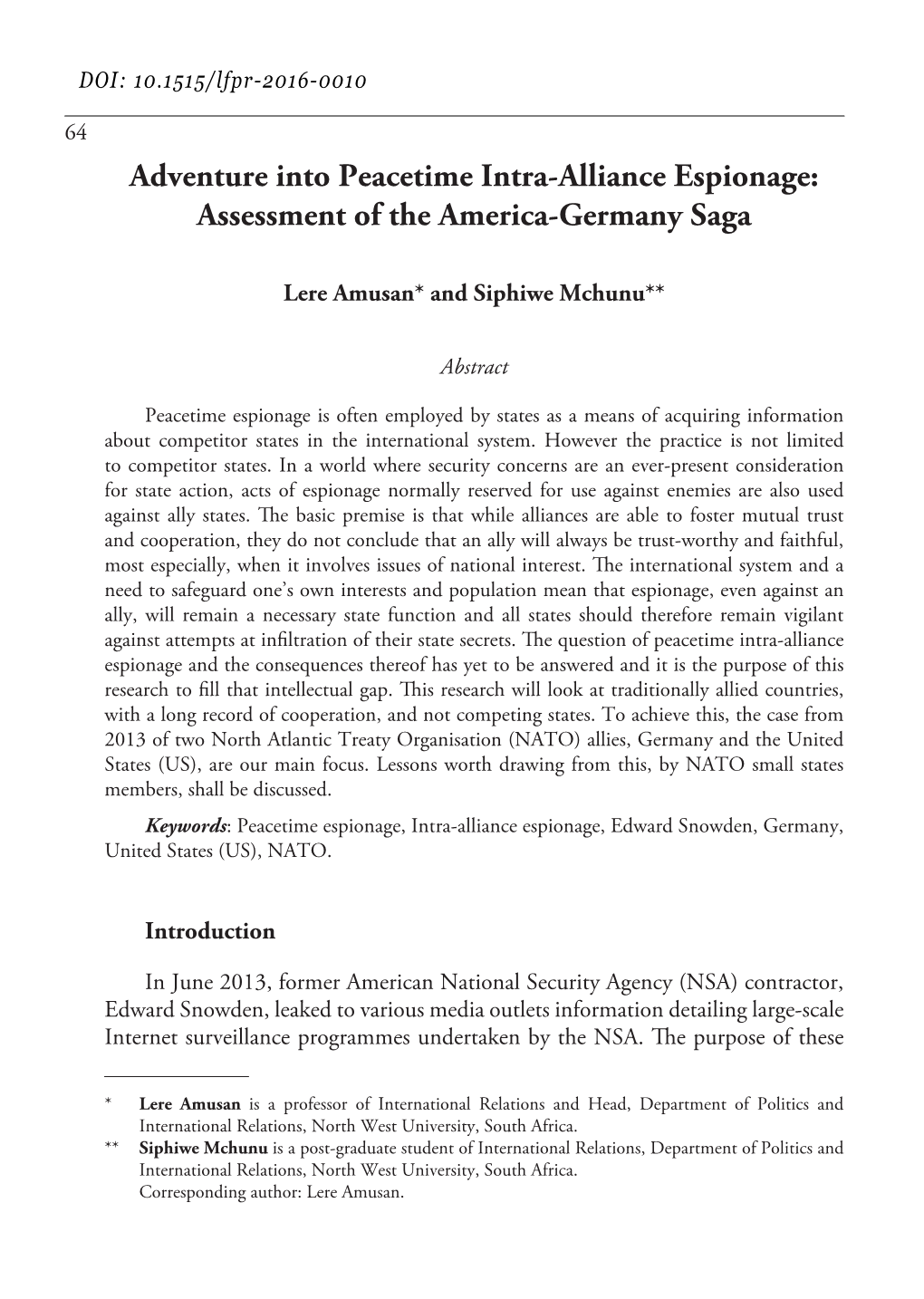 Adventure Into Peacetime Intra-Alliance Espionage: Assessment of the America-Germany Saga
