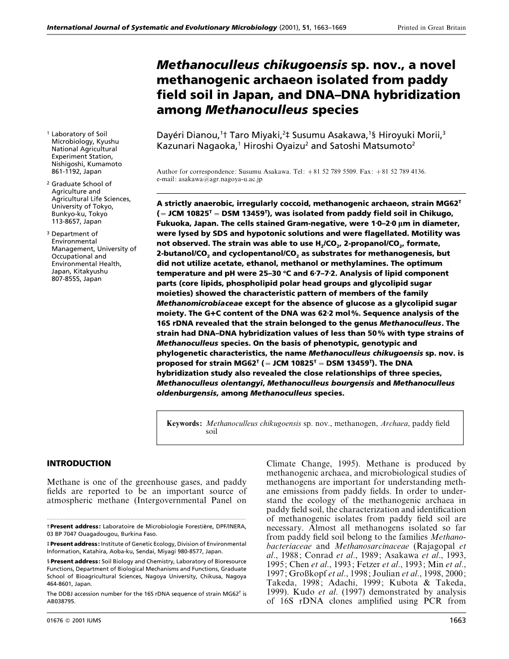 Methanoculleus Chikugoensis Sp. Nov., a Novel Methanogenic Archaeon Isolated from Paddy ﬁeld Soil in Japan, and DNA–DNA Hybridization Among Methanoculleus Species