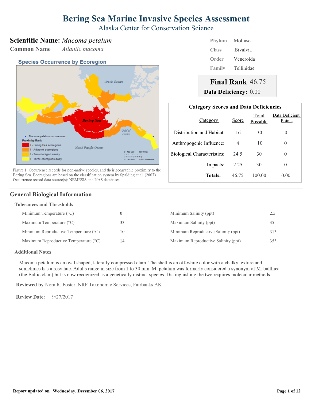 Bering Sea Marine Invasive Species Assessment Alaska Center for Conservation Science